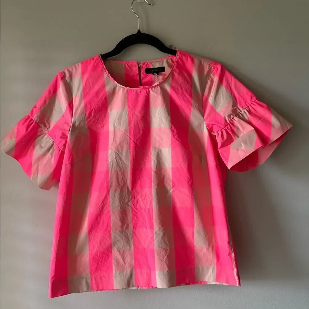 J. Crew Ruffle-Sleeve Neon Buffalo Check Top Size 0